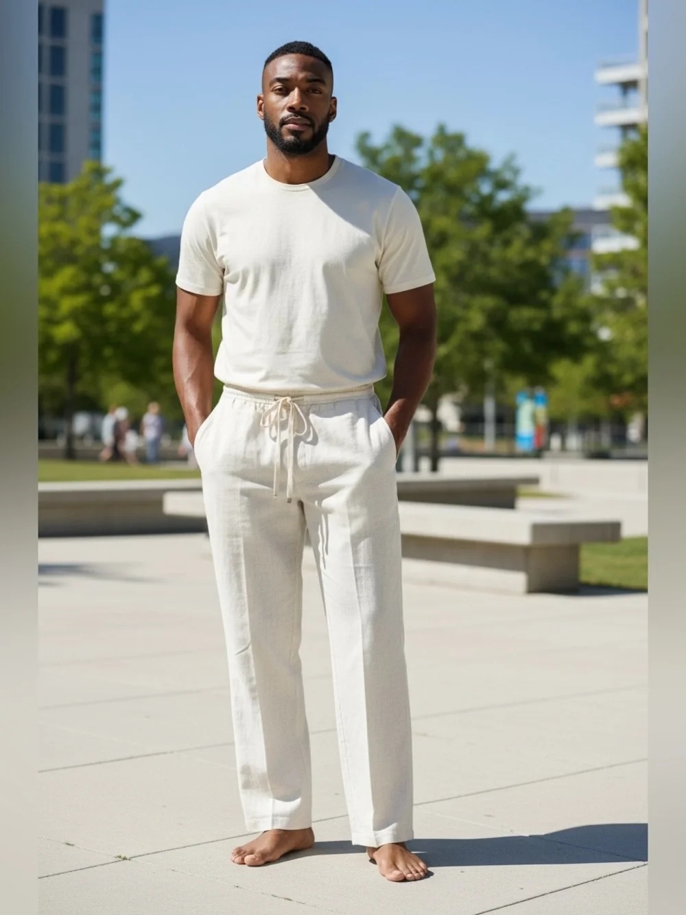 Men's Linen-Blend Drawstring Pants in Off-White